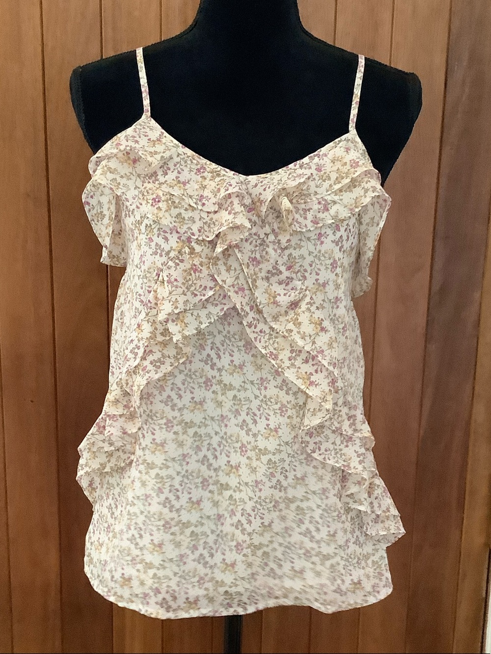 Floral Ruffle Spaghetti-Strap Tank Top - Cream/Pink